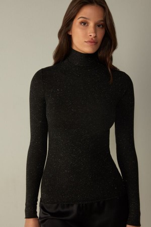 Intimissimi Turtleneck Top in Modal Light with Cashmere Lamé Langermet Dame Svarte | NOIS4244