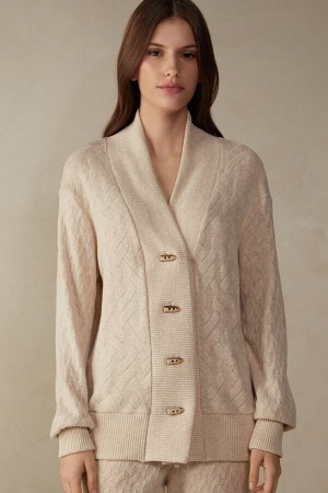 Intimissimi Vinter Braid Long Sleeve Jacquard Cardigan Jakke Dame Beige | NOQZ4276