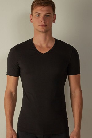 Intimissimi V-neck in Stretch Supima® Bomull T-skjorte Herre Svarte | NOSO3053