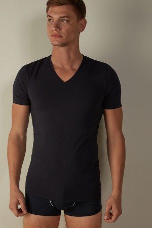 Intimissimi V-neck in Stretch Supima® Bomull T-skjorte Herre Blå | NOEX3035